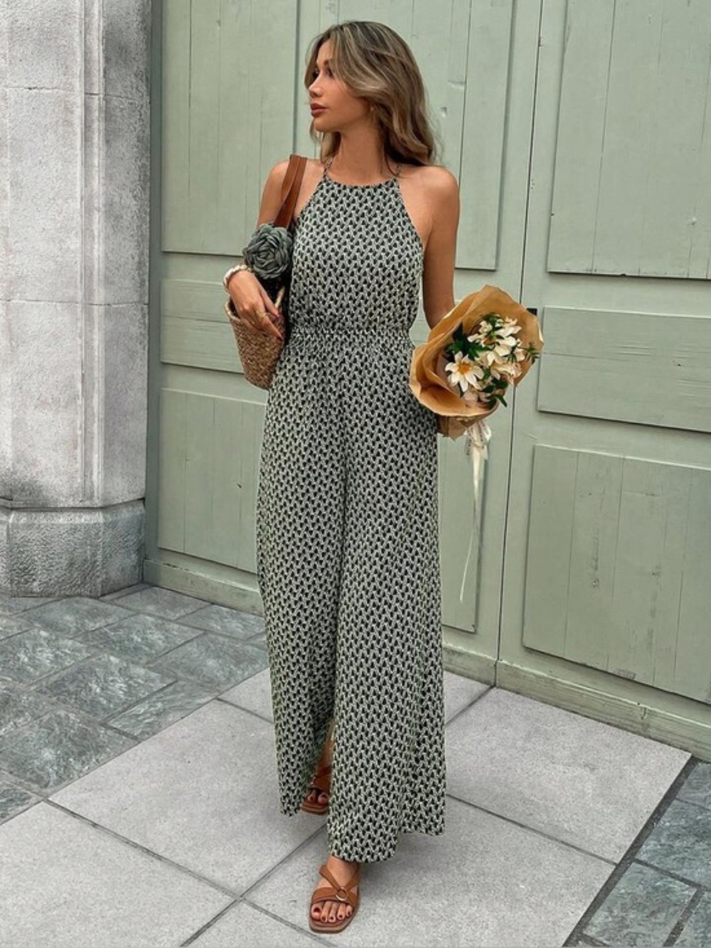 🎀 Geometric Print Halter Neck Jumpsuit - Smocked Waist Wide Leg, Size S🎀
